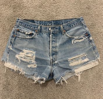 501 Mid Thigh Light Wash Distressed Denim Shorts