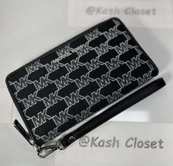 Michael Kors Jet Set Travel Flat Phone Wristlet Black Silver Jacquard MK