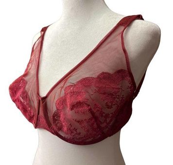 Formfit Rogers Vintage Womens Red Lace Sheer Bra V Neck