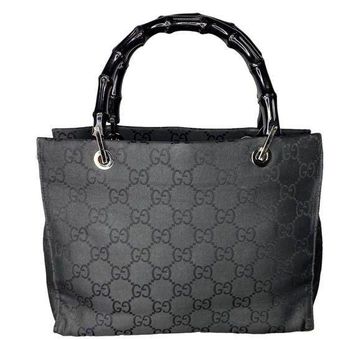 Gucci Black Bamboo Handle Monogram Leather Shopper Handbag