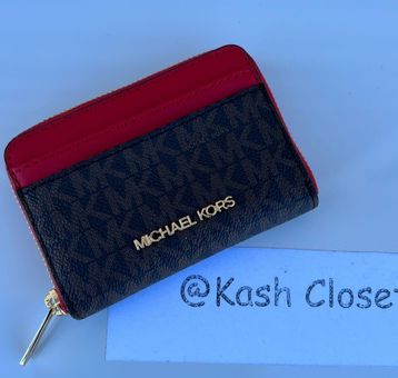 Michael Kors Jet Set Travel Zip Around Card Case Wallet Brown Mk Flame Red