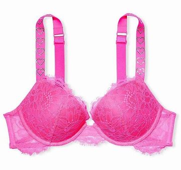 Victoria's Secret Very Sexy Hot Pink Lace Rhinestone Heart Strap Push Up Bra  Size undefined - $41 - From Alexis