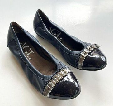 AGL Italy Women s Ballet Flats Size 39.5 9.5 Black Leather Cap Toe