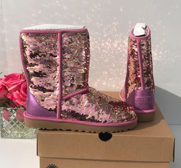 UGG Classic Short Sequin Boots Pink Women Size 6 Leather Sheepskin