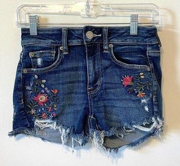 American Eagle Embroidered Floral Flower High Rise Raw Hem Denim Shorts  Size 4 - $11 - From Stacie