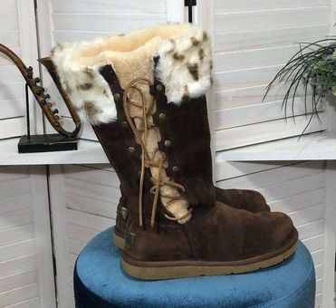 UGG Vintage genuine brown suede leather knee high cord tie fur