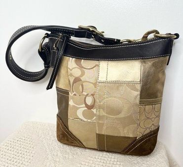 Coach Patchwork Gold Signature C Suede Wristlet Vintage Brown 