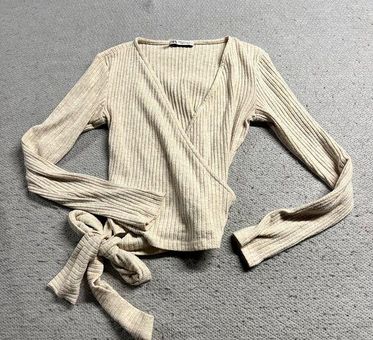 ZARA Cream Ribbed Knit Long Sleeve V Neck Wrap Top Size