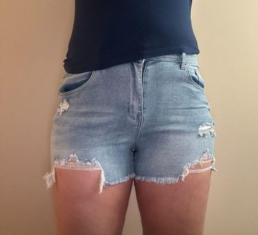 Women Ripped Denim Shorts Midi Waist Frayed Raw Hem Distressed Stretch Short  Jeans (A-Blue, Small) at Amazon Women's Clothing store