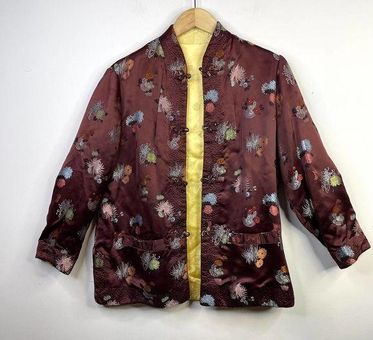 Vintage Quilted Reversible Asian Satin Floral Jacket Womens