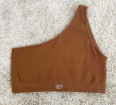 Set Active Sculptflex Ribbed One Shoulder Sports Bra Brown Size M - $28 -  From Mari