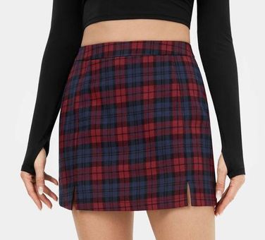 Halara NWT Side Split Plaid Mini Casual Skirt Red Blue Size