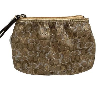 Coach Gold and Silver Signature Canvas Coin Purse with keychain