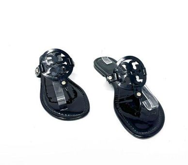 Tory Burch Miller Black Patent Leather Logo Thong Sandal Size 11