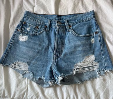 501 Mid Thigh Light Wash Distressed Denim Shorts