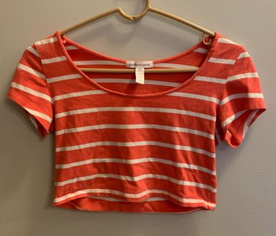 Ambiance Apparel Pink and white strip short sleeve crop top Size M