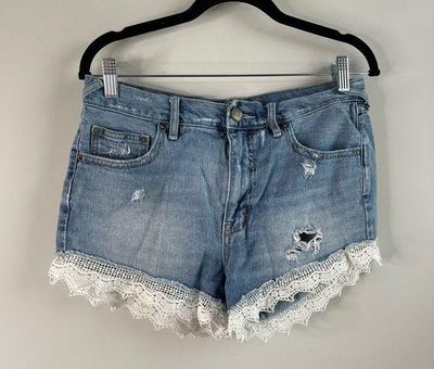 Blue Lace Decor Denim Shorts High stretch Slash Pockets - Temu