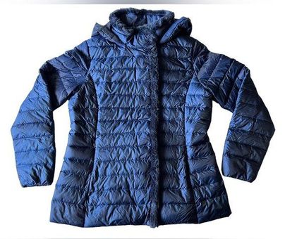 Cole Haan Women's Blue Down Puffer Coat Jacket Faux Fur Trim