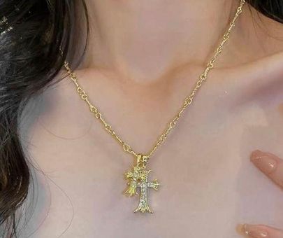 Double Diamond Sideways Cross Necklace, 14K Yellow Gold