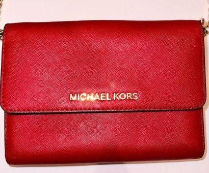 Michael Kors Jet Set Travel Chili Red Saffiano Leather/Gold-Tone Crossbody  Bag