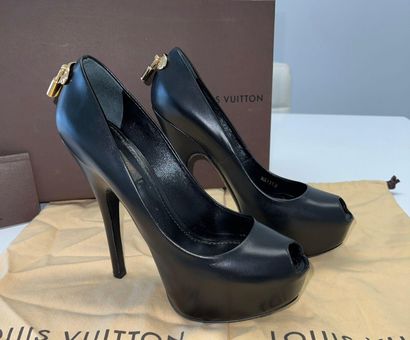 Louis Vuitton “Oh Really” Matte Black Leather Gold Lock Platform Peep Toe  Size 8 - $622 (58% Off Retail) - From Jeremy