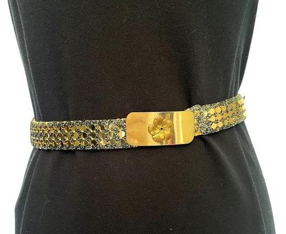 Gold Sequins Stretch Belt Floral Hook Closure Fabric Back Glitter