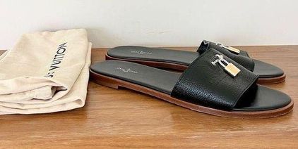 Louis Vuitton Black Grained Leather Lock It Flat Slides Size 41