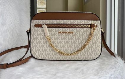 MICHAEL Michael Kors, Bags, Michael Kors Brown Jet Set Large Printed Logo  Crossbody Bag New W Tags