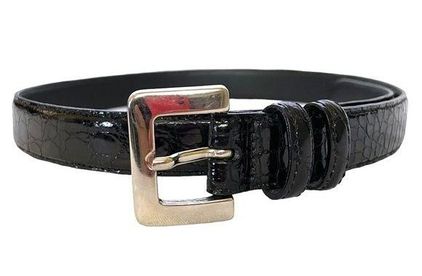 Vintage MCM Silver-Tone Buckle Black Croc-Embossed Leather Belt