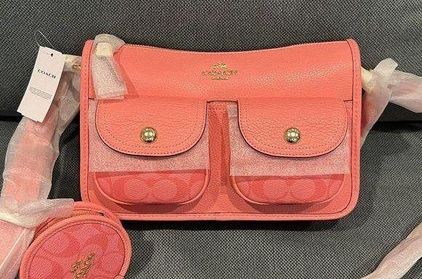 Coach Pennie Crossbody With Coin Case Pebble Leather Pink Gray