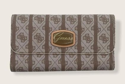 Guess Jasleen Trifold Snap Wallet Brown Tan G Monogram Stripe