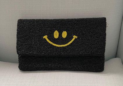 Black Smiley Face Beaded Clutch Purse 