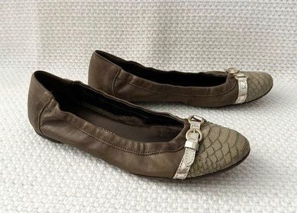 AGL Brown Taupe Snake Textured Cap Toe Ballet Flat Pewter