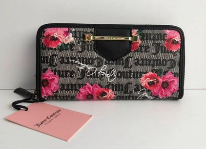 Juicy Couture Grey Black pink floral logo repeat Wallet Clutch