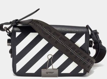 Off-White Black Diagonal Print Leather Binder Clip Crossbody Bag