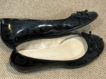 Etienne Aigner Black Patent Leather Look Perforated Logo Ballet