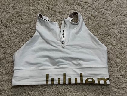 Lululemon High Neck Energy Long Line Limited Edition White And Gold Logo Sport  Bra Size 6 - $72 - From Ava