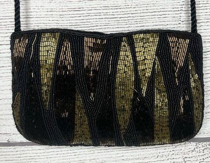 Vintage Beaded Bag / Evening Bag / Purse, Black Gold, Prom