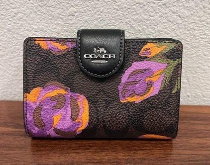 Coach Medium Corner Zip Wallet In Signature Canvas With Rose