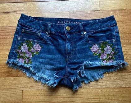 American Eagle Floral Embroidered Raw Hem Denim Stretch Short Jean Shorts  Size 8 - $21 - From Danielle