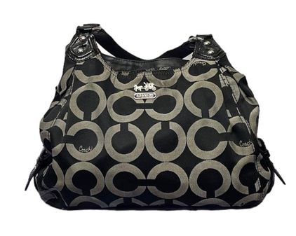 Coach Black Leather Handbag with Three Compartments/Pleated Front