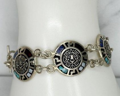 Sterling Silver Vintage 925 Mayan Sun Chain Link Toggle Bracelet