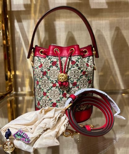 Tory Burch Red Embroidered Rose T Monogram Jacquard MINI Bucket Bag NWT  87062