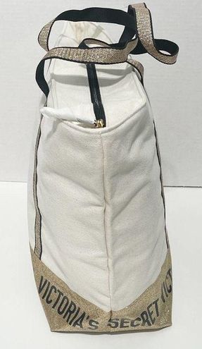 Victoria's Secret Canvas Tote Structured Shoulder Bag Gold Glitter Cream  Color