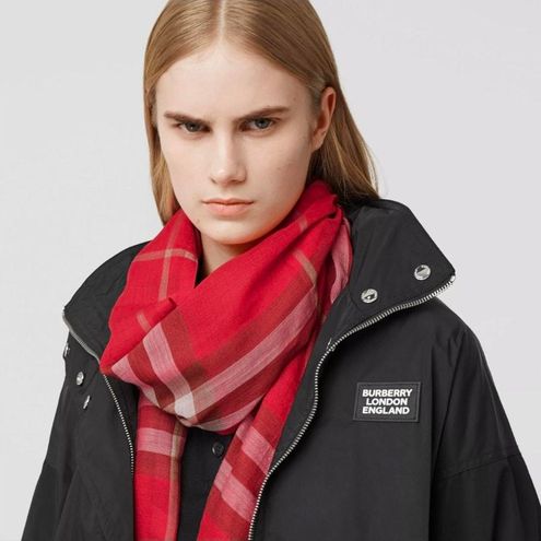 Burberry Lightweight Check Wool Silk Scarf in Bright Red BRAND NEW - $300  (49% Off Retail) - From Bbluxwins