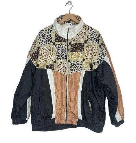 VTG 80s Active Frontier Windbreaker Jacket Plus Size 2X Black Tan