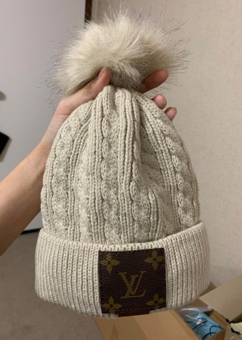 Off white Upcycled repurposed Louis Vuitton pom pom Beanie