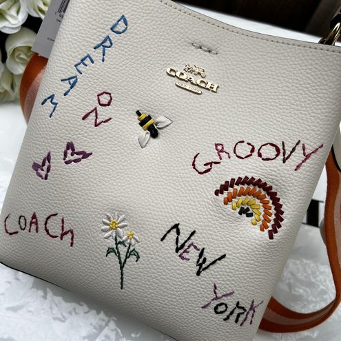 NEW Coach Small Town Bucket Bag +Wallet + DUST Bag SET Diary Embroidery  CHALK