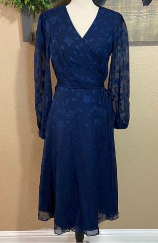 Evening of Elegance Navy Blue Floral Jacquard Wrap Midi Dress