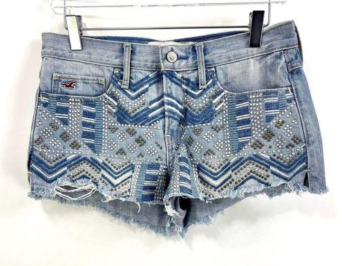 Hollister CO Blue Cotton Embellished Aztec Print Denim Shorts Size